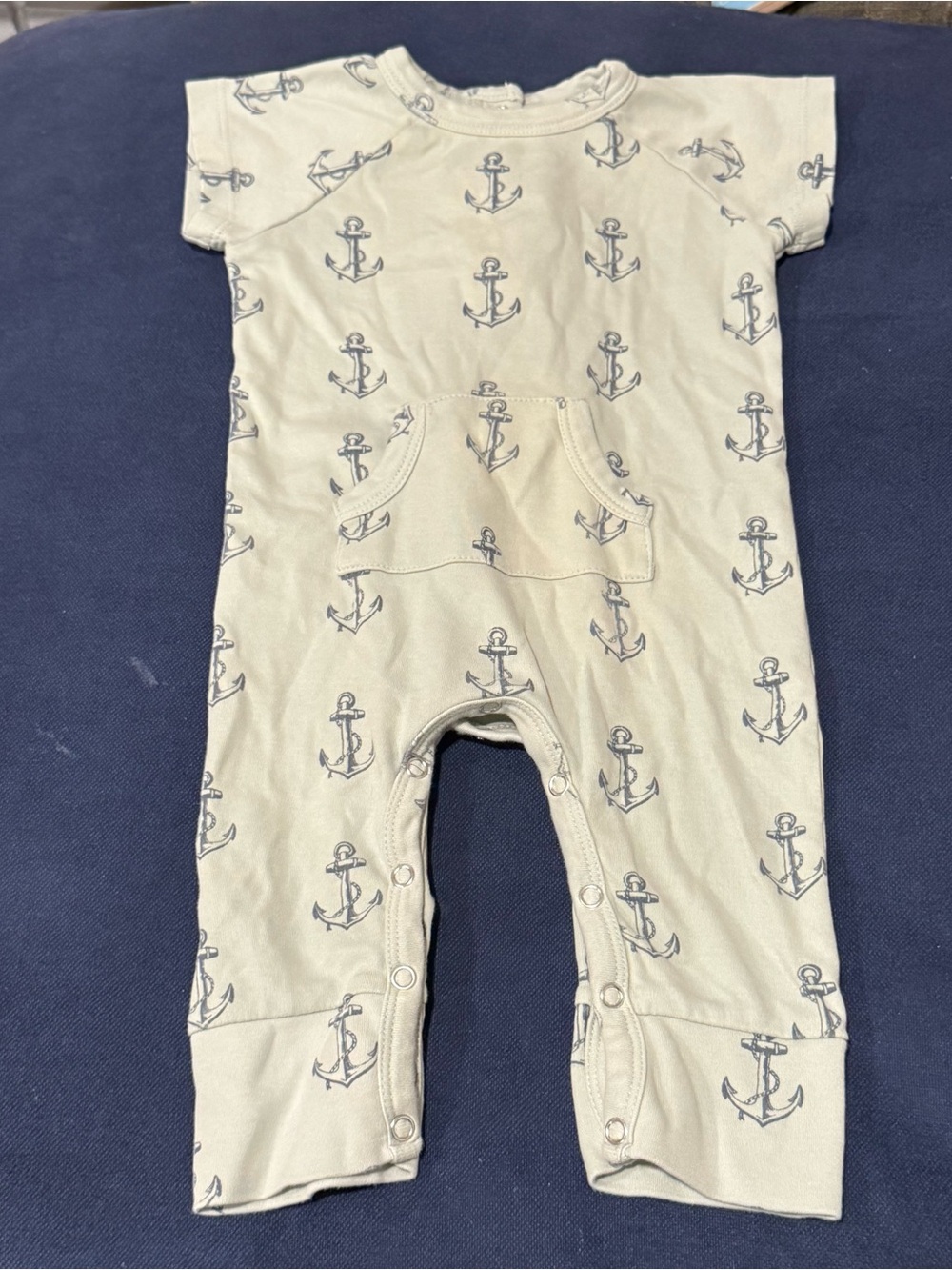 kate quinn Sage Green Romper Jumpsuit Anchor Print 6-12m Unisex Organic Cotton